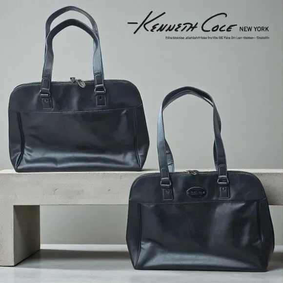 Kenneth Cole Reaction Laptop Tote Steel Blue Leather Work Business Carryall Bag - Picture 9 of 9